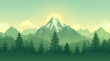 Naklejka premium Mountain landscape with evergreen trees and a sunrise in a serene natural setting