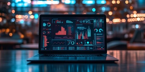 A Modern Laptop Displaying Colorful Data Visualizations and Analytics in a Stylish Cafe Setting During the Evening