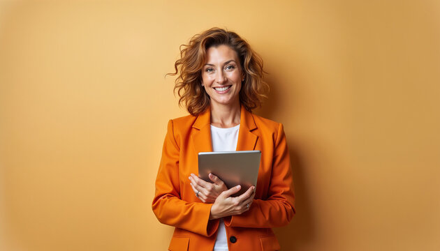 Portrait of a confident businesswoman wearing an orange blazer, holding a tablet against a matching background. The image conveys professionalism, positivity, and modern technology use.

