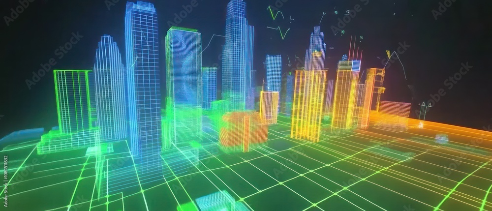 Poster a vibrant 3d cityscape visualization with neon lines representing buildings and data flow.