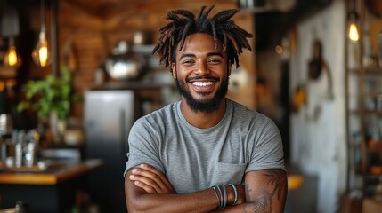 A young man with dreadlocks and a joyful expression stands with arms crossed in a cafe. The warm ambiance and rustic decor create a friendly atmosphere perfect for relaxation