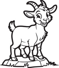 Black and White Vector Illustration of a Happy Goat Standing on a Rock and Looking Curiously - Curious Goat Design

