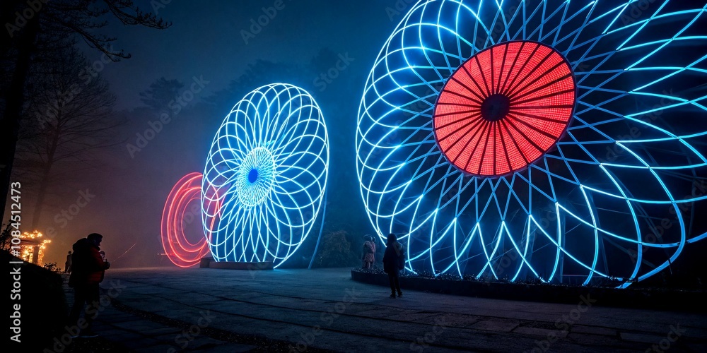Poster surreal abstract circular patterns featuring glowing blue lines radiating from a central red circle 