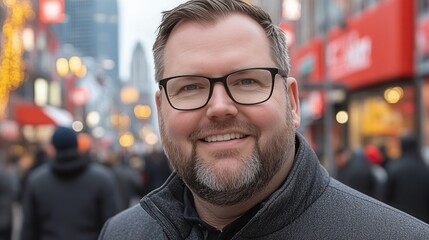 Fototapeta premium A cheerful man poses in a black coat as crowds bustle around him in a vibrant city street. Bright red stores create a lively atmosphere in the winter chill