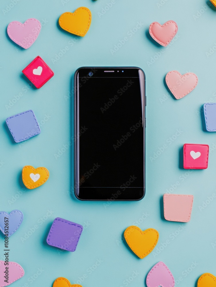 Poster a smartphone sits at the center, with various vibrant heart-shaped icons symbolizing likes, comments