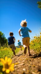 Fototapeta premium Children running joyfully through a sunny field of wildflowers, AI