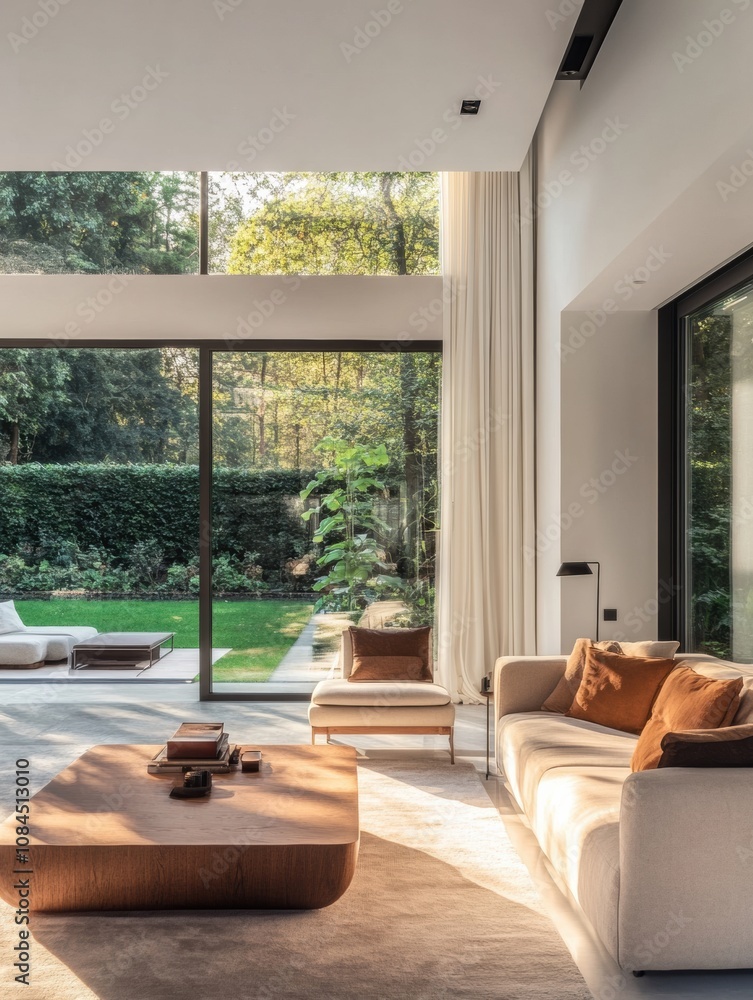 Poster this modern living room features a spacious layout with large windows that bring in natural light an