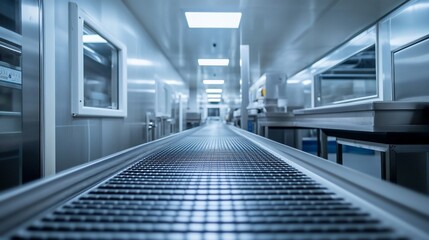 Fototapeta premium Cleanroom conveyor belt in pharmaceutical facility.