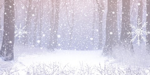 In a tranquil forest at dawn, delicate snowflakes descend softly, blanketing the trees and ground. The pale light creates a serene ambiance, inviting quiet reflection and wonder