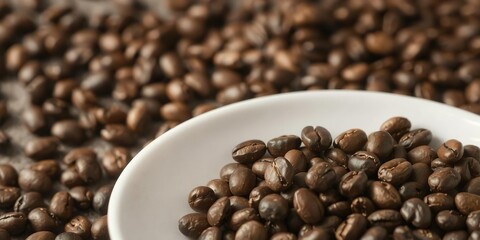 Fototapeta premium Freshly roasted coffee bean on a white ceramic plate, with steam rising from the beans, close-up, ceramic, aroma