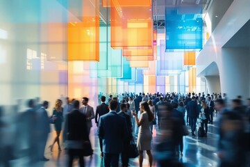 Dynamic Business Convention with Colorful Hanging Panels and Attendees Networking