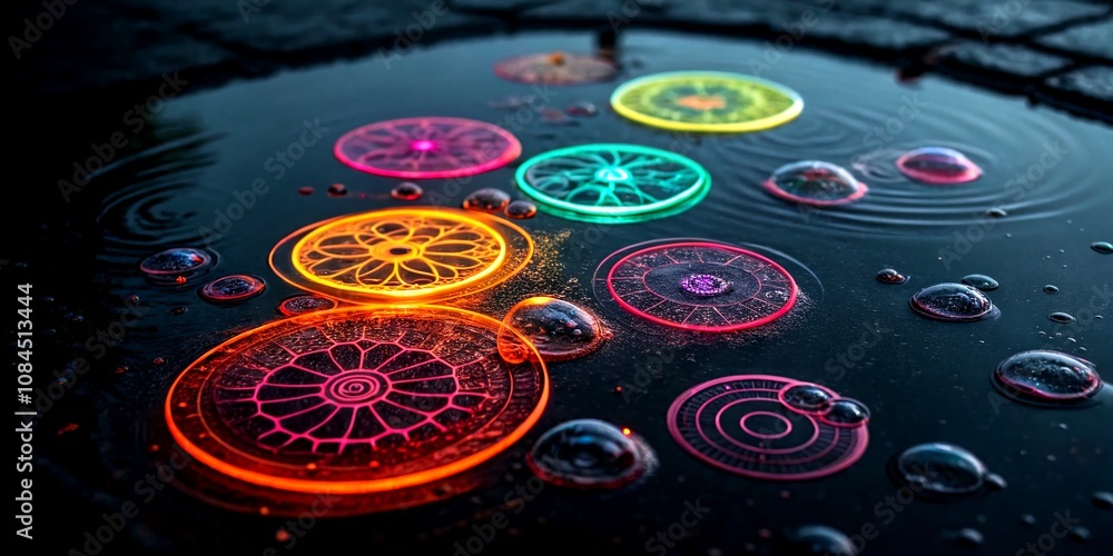 Poster surreal data science visualization with neon glowing circles on a dark background, merging technolog