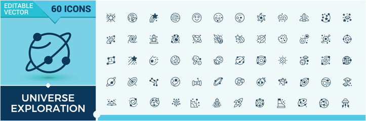 Set of Universe Exploration line icons. Featuring spaceman, solar system, cosmos, galaxy and more. Minimalistic web and UI icons. Solid line editable stroke. Vector line and solid icons. © Rubbble