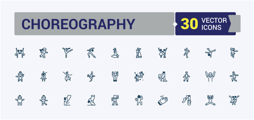 Choreography line web icon set. Containing entertainment, men, person, man, style, dance and more. Flat UI icon design. Editable vector icon and illustration.