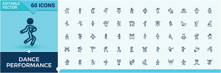 Dance Performance icon set. Featuring ballet, happy, club, dance, person, art, pose and more. Pixel perfect. Editable vector outline and solid icons.