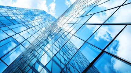Obraz premium A modern glass skyscraper reflecting the sky and clouds.