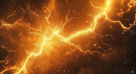 Golden lightning strikes across a dark background, creating a dramatic and energetic display of nature's power