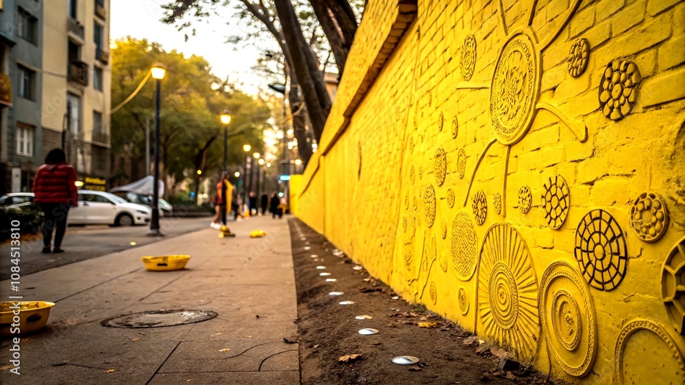 Poster surreal exploration of a yellow wall texture: a dreamlike journey through abstract patterns and vibr