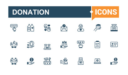 Set of Donation line icons. Includes icons for charity, solidarity, share, team, service, fund, foundation and more. Outline symbol collection. Editable vector outline and solid icons.