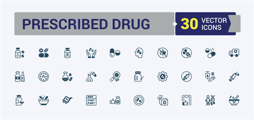 Prescribed Drug thin line icon set. Includes icons for syrup, pain, tablet, chemistry, capsule and more. Thin outline icons pack. Solid line editable vector illustration.