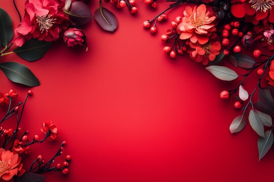 Background with copy space with chinese new year theme with red colors and flowers 