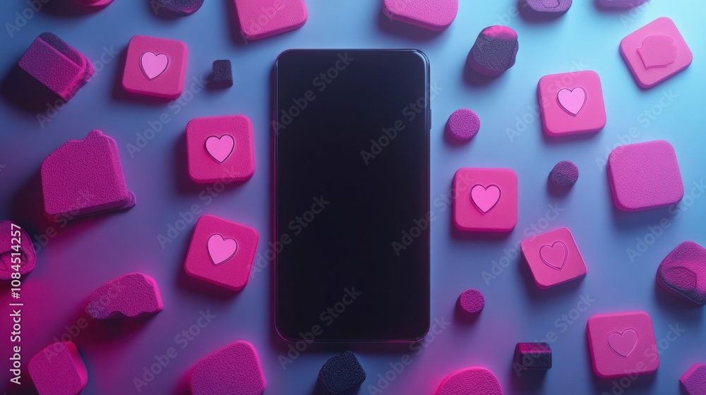 Poster A smartphone sits in the center, surrounded by colorful icons representing notifications, likes, and comments in a dimly lit room. Generative AI