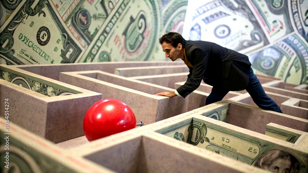 Aufkleber surreal image of a man pushing a red ball through a money-shaped maze game, representing financial c