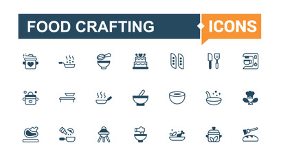 Food Crafting vector line and solid icon set. Containing book, service, pan, mix, preparation, frying, cooking, utensils. Pixel perfect. Outline and solid pictogram.