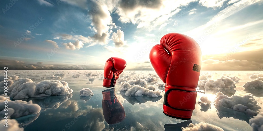 Poster surreal imagery of red boxing gloves floating in a dreamlike landscape with vivid colors and abstrac
