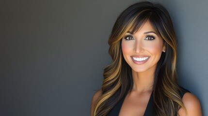 Obraz premium A confident woman with long, wavy hair smiles warmly while standing against a neutral gray wall in a well-lit indoor environment, showcasing her bright and engaging personality