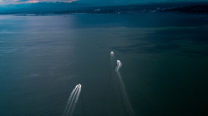 Seattle, Washington Ferry in the Puget Sound. Aerial drone view of the commute between islands in...