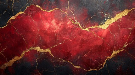 A textured abstract design featuring red and black hues with golden cracks.