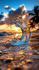 Sunset Ocean Wave Splash with Palm Trees and Golden Light