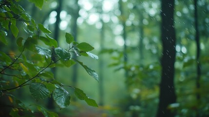 Close-up of wet green leaves in a dense forest during a gentle rain, creating a tranquil and refreshing atmosphere