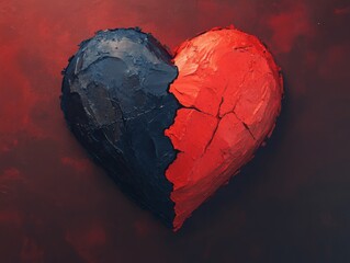 Abstract artwork depicting a cracked heart painted in bold red and black, symbolizing emotional contrast, heartbreak, and passion