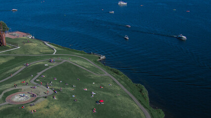 Aerial Drone view of Seattle, Washington. in South Lake Union above Gasworks park looking over to...