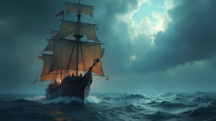 Sailing ship on stormy ocean under cloudy sky