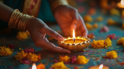 A close-up of hands lighting a golden diya, surrounded by vibrant marigold petals and soft candlelight during a festive celebration