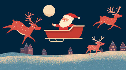 Festive illustration of Santa Claus riding his sleigh, led by reindeer under a moonlit sky with snowy village houses below