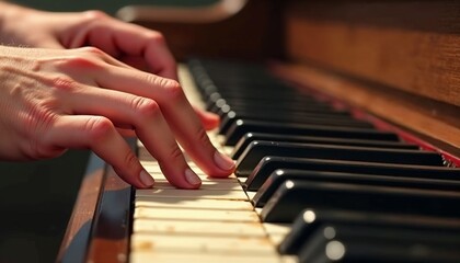 Obraz premium Close-up of hands playing a vintage piano, creating music on worn keys in a warm and intimate setting.