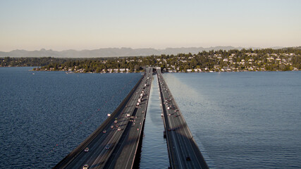Aerial drone footage of Seattle, Washington. Interstate 90, i90 floating bridge between Seattle and...