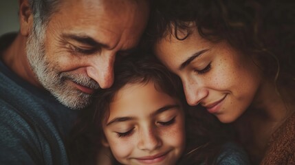 A father, mother, and daughter share a warm embrace, expressing love and togetherness. Their joyful expressions illuminate the close family bond in a cozy indoor setting