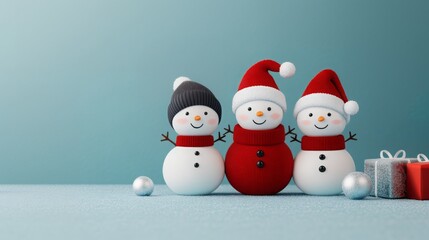 Three adorable snowmen dressed in Santa hats and scarves, surrounded by gifts and ornaments on a frosty blue background