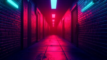 Futuristic corridor illuminated by vibrant pink and blue neon lights, creating a dramatic atmosphere along textured brick walls