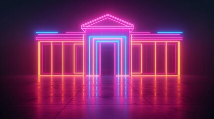 A modern building outlined in vivid neon pink, blue, and yellow lights, reflecting on a sleek floor in a dark setting