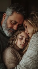 A father and mother gently cradle their daughter, who is peacefully sleeping. The family exudes warmth and tenderness in their shared embrace, showcasing a loving bond