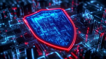 Futuristic glowing shield symbolizing cybersecurity defense, displayed on a circuit board with blue and red neon lights