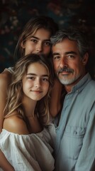 A father stands proudly with his two daughters, all smiling gently. They are embraced together in a soft, warm atmosphere, showcasing their close bond and love