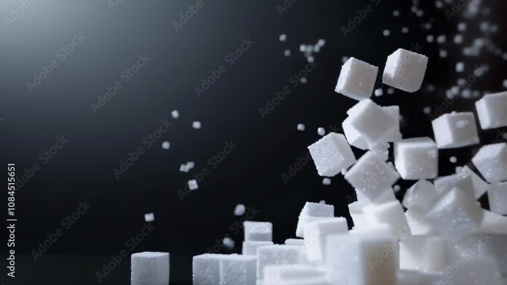 Aufkleber Many white sugar cubes are falling and accumulating on a dark gray surface, creating an interesting contrast and texture