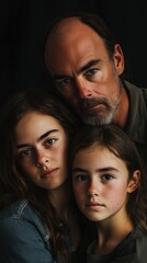 Fototapeta premium A father stands closely with his two daughters, creating an intimate atmosphere. The soft lighting highlights their expressions and the bond they share in this serene setting